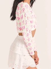 Autumn Retro Tie-dye Flower Print Cropped Cardigan Woman V neck Puff Long Sleeve Knitted Sweater Knitwear Jumper voguable
