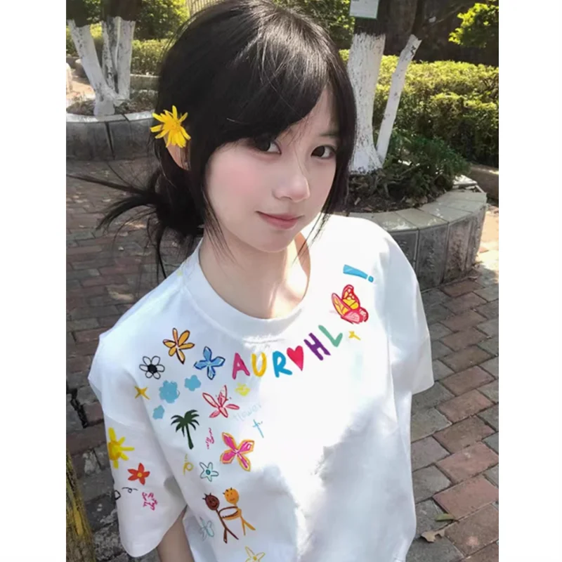 Women's Printing Flowers Tee Summer Sweet O-Neck Cotton High Street Loose Soft T-Shirt Oversize Casual Basic T-shirt Clothing voguable