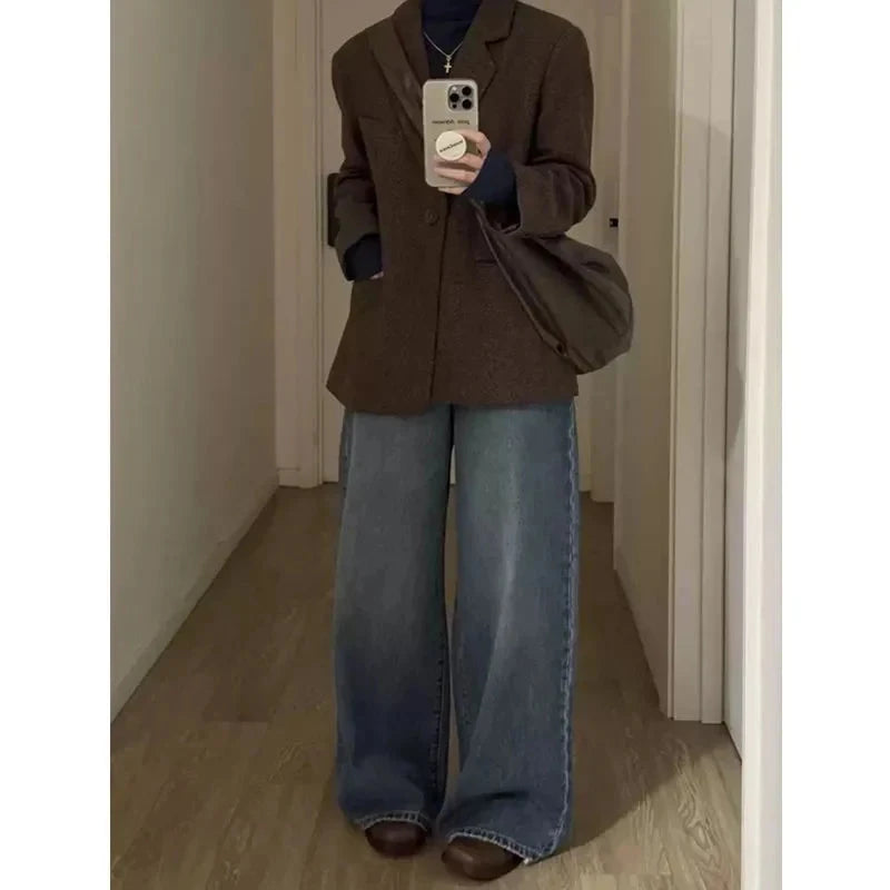 Retro Faux Woolen Blazer Coat Women Harajuku Long Sleeve Fall Winter Y2K Jacket Streetwear American Casual Lady Suit Coat voguable