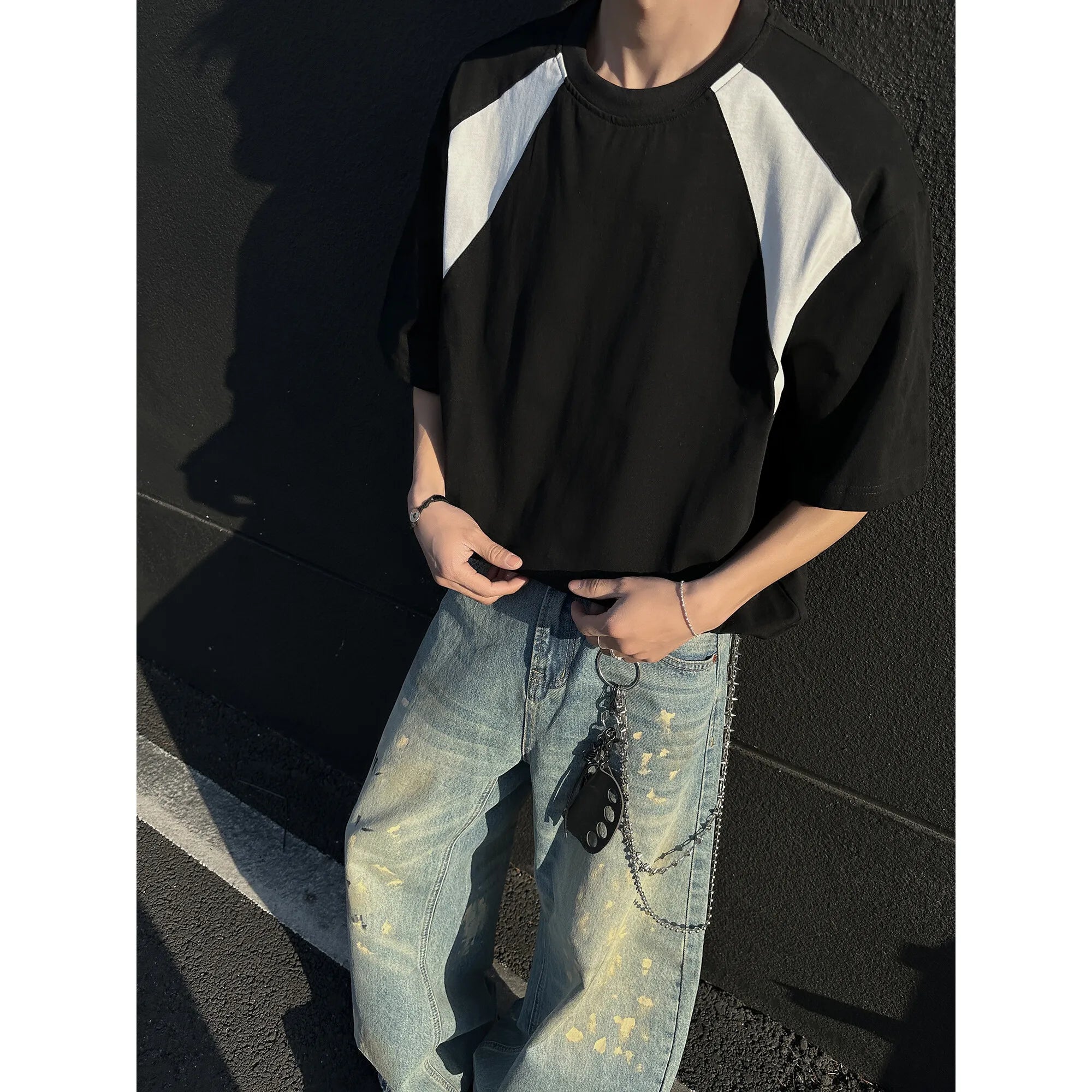 Mens Breathable Cotton Tshirt man Soft Summer Casual Slim Fit Contrast Panel Simpl Design Streetwear Fashion Tee Line Texture voguable