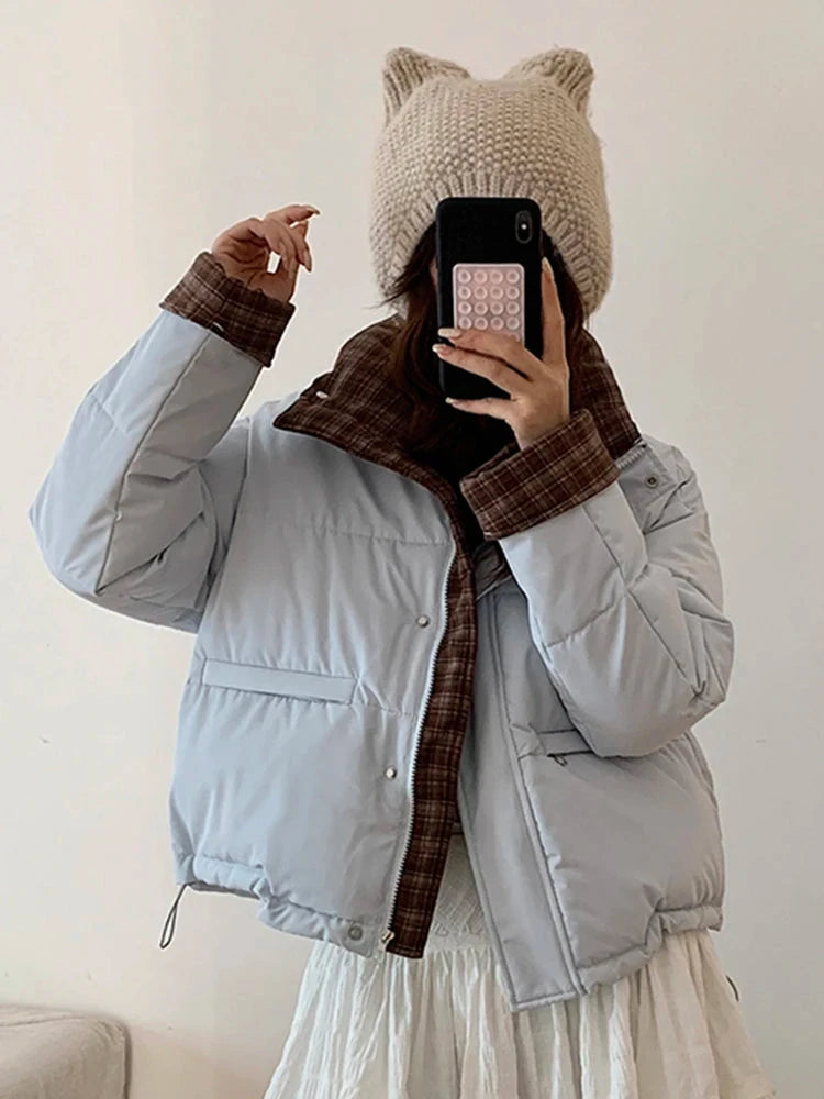 Winter Retro Puffy Parkas Women Warm Thick Plaid Patchwork Cute Coat Casual Preppy Style Korean Long Sleeve Cotton Jackets voguable