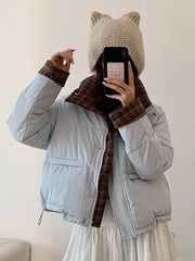 Winter Retro Puffy Parkas Women Warm Thick Plaid Patchwork Cute Coat Casual Preppy Style Korean Long Sleeve Cotton Jackets voguable