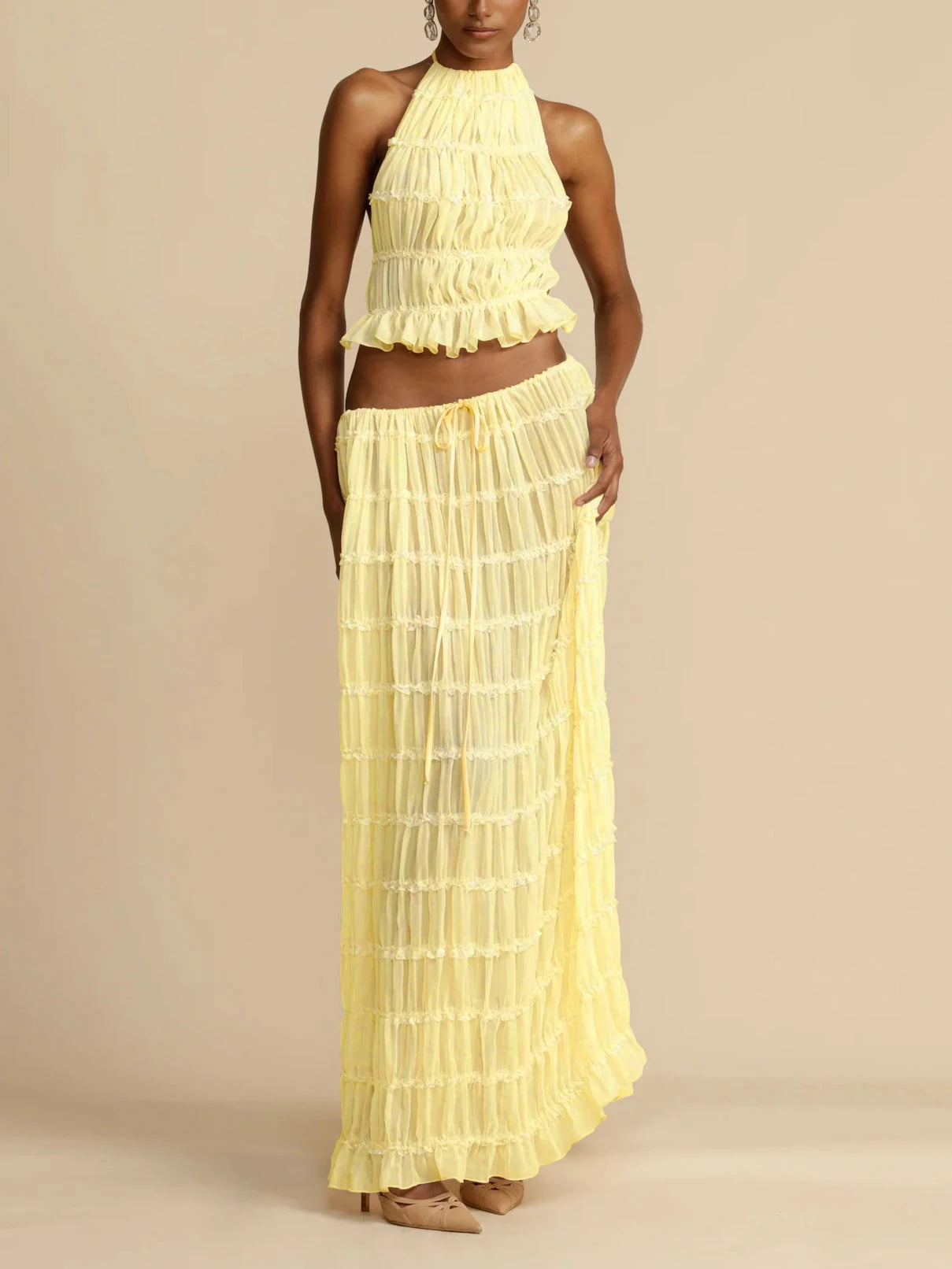 TARUXY Sexy Backless Halterneck Strappy Pleated Lace Vest Long Skirt Suit For Women Mesh Splice Solid Summer Beach Party Outfits voguable