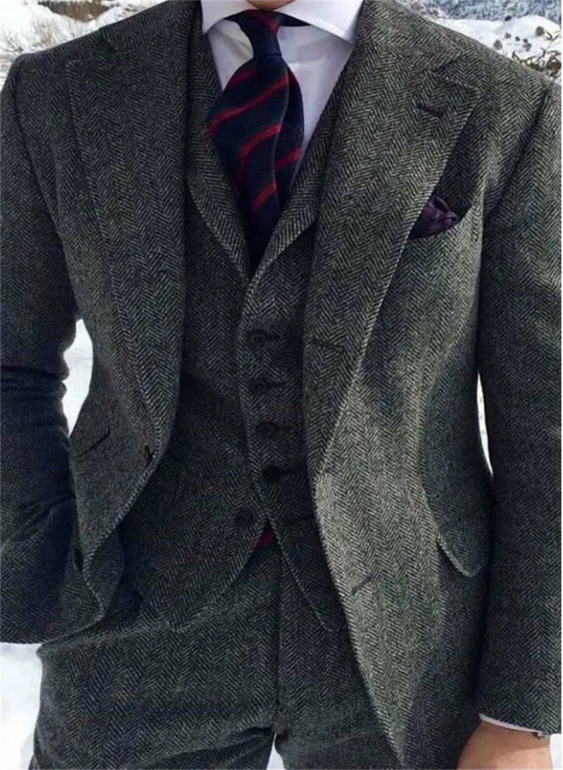 Suit Men 3 Pieces Formal Business Tweed Tuxedo for Men Tailor-made Retro Wedding Men's Suit Jacket Vest Pants Set voguable