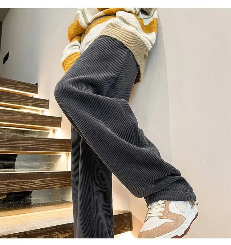 Autumn Corduroy Straight Trousers Men Loose Solid Casual Drape Trousers Harajuku Fashion Drawstring Street Wide Leg Sweatpant voguable