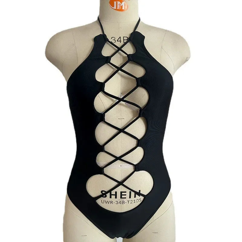 Voguable  One Piece Bikini Women Sexy Cross Bandage Hollow Out Black Swimwear Halter Monokini Summer Backless Bathing Suit voguable
