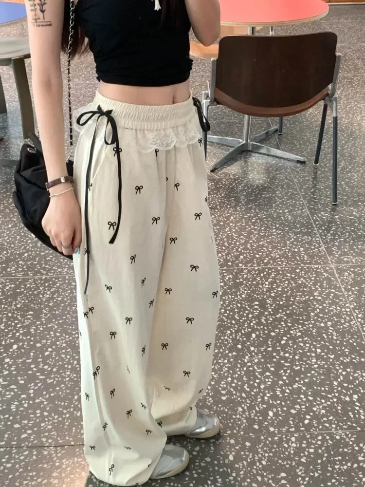 Fashion Lace Patchwork Women Casual Pants Summer Loose Preppy Bow Print Jogging Pants High Waist All Match Straight Trousers voguable