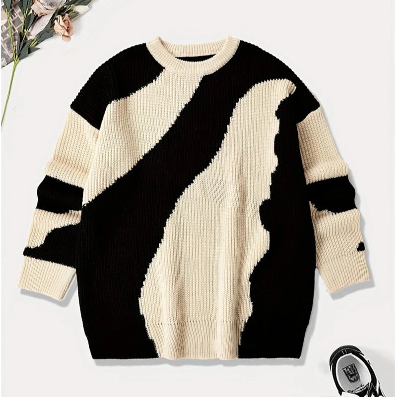 New Japanese Trendy Men Sweater High Street Patchwork Knitted O Neck Long Sleeve Pullover Casual Loose Premium Quality Knitwear voguable