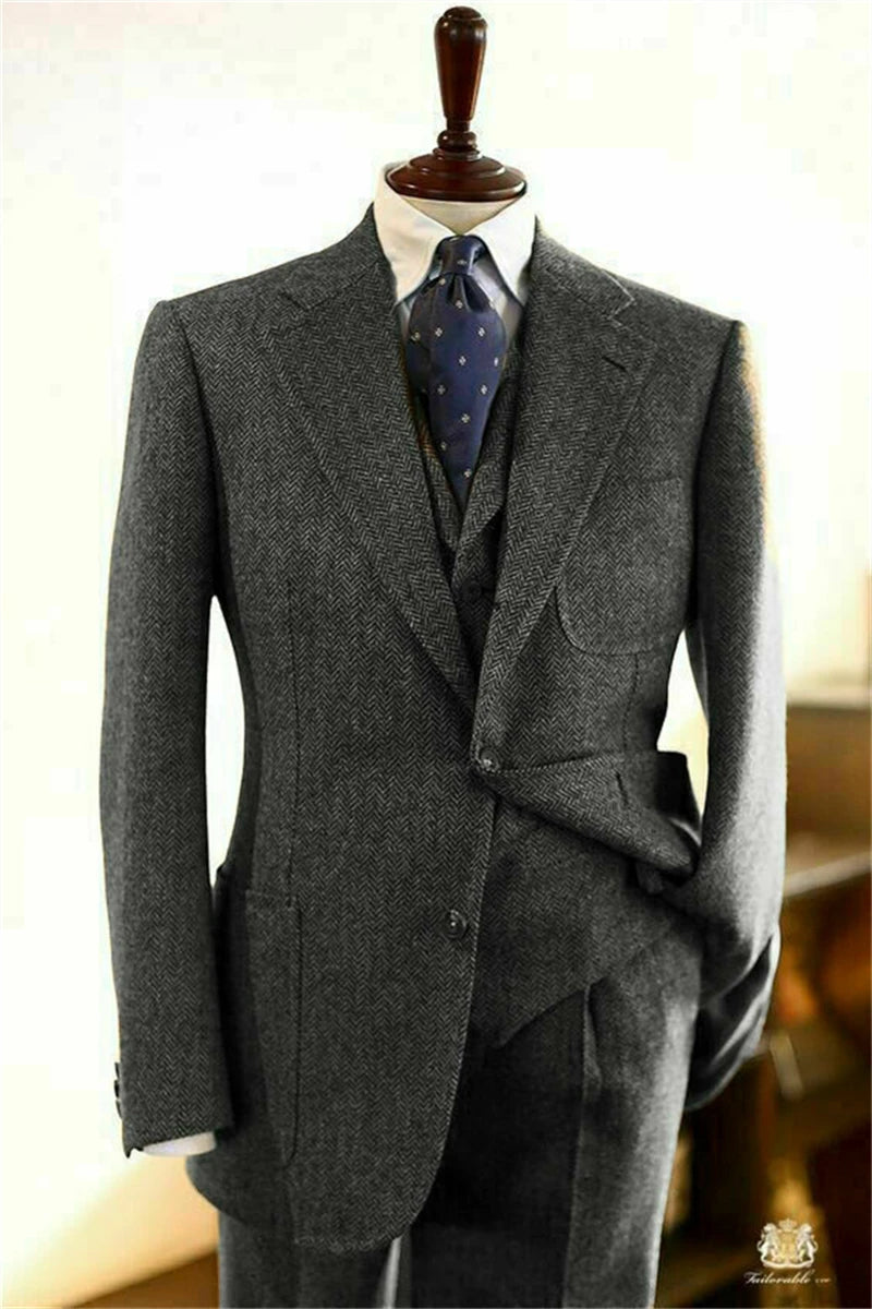 Suit Men 3 Pieces Formal Business Tweed Tuxedo for Men Tailor-made Retro Wedding Men's Suit Jacket Vest Pants Set voguable