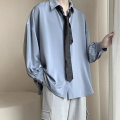 Korean Style Men's Long-sleeved Shirts Black Tie Cozy Casual Solid Oversize Blouses Breathable Loose Shirt Harajuku Male Clothes voguable