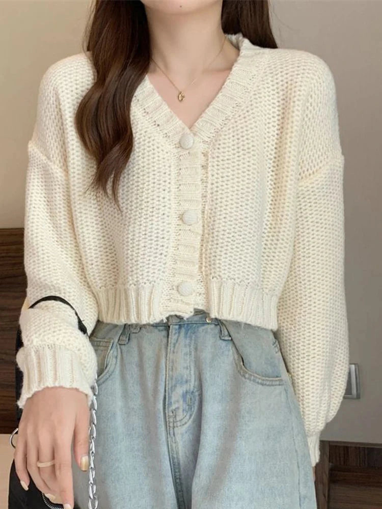 Sexy Cropped Sweet Cardigan Women V Neck Vintage Slim Long Sleeve Knitted Sweaters Korean Causal Simple Solid Lady Fall Tops New voguable