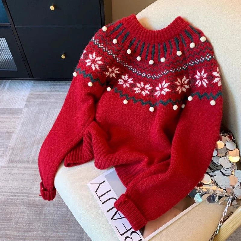 Sweet Print Christmas Red Sweater Women Cute O Neck Vintage Knitted Jumper Casual Korean Lady Fall Winter Preppy Style Loose Top voguable
