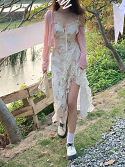Voguable  Summer Floral Sleeveless Midi Dress Elegant Sexy French Vintage Strap Dress Woman Party One Piece Dress Korean voguable