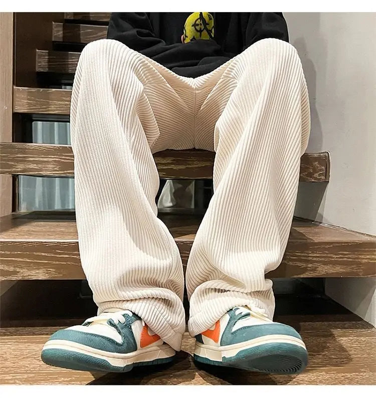 Autumn Corduroy Straight Trousers Men Loose Solid Casual Drape Trousers Harajuku Fashion Drawstring Street Wide Leg Sweatpant voguable