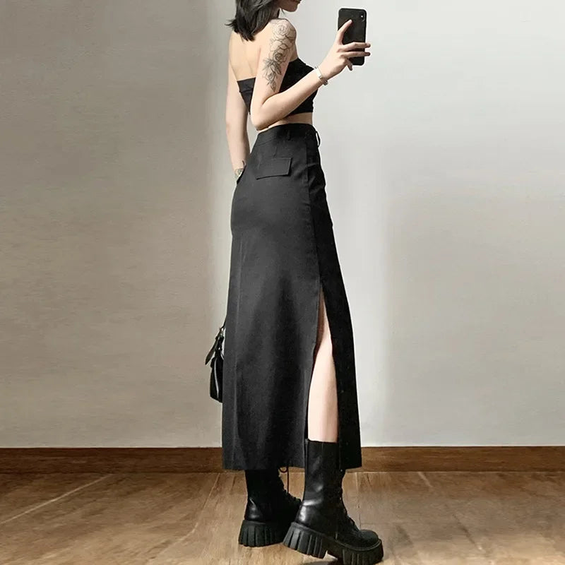 Women Midi Skirts Goth Dark Grunge Casual Tag Split Mall Gothic Punk High Raise Slim Long Skirt Y2k Sexy Fashion Streetwear voguable