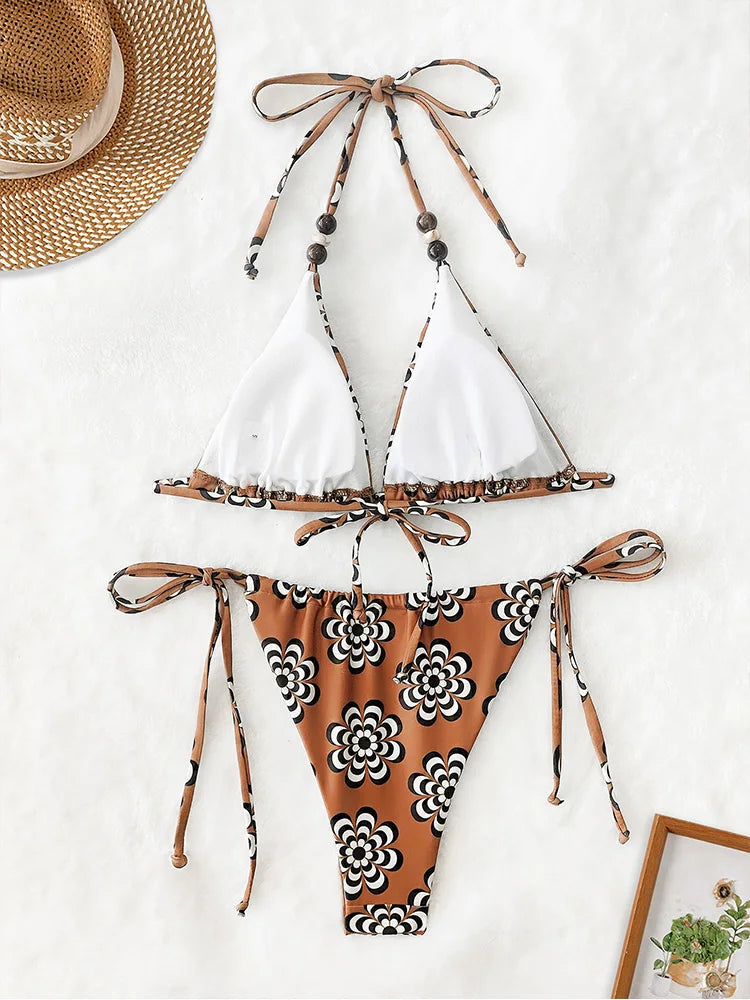 Voguable  Sexy Sportswear for Women Fashion Vintage Sleeveless Swim Print Backless New Spring Summer Two Piece Suits Bikinis Set voguable