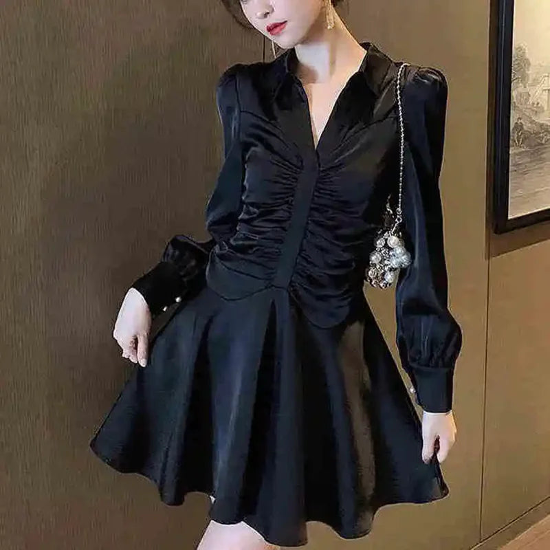 Voguable  Elegant Glossy Satin Mini Dress Women Turn Down Collar Bubble Sleeve Ruched Slim High Waist Flowy A Line Shirt Dresses voguable