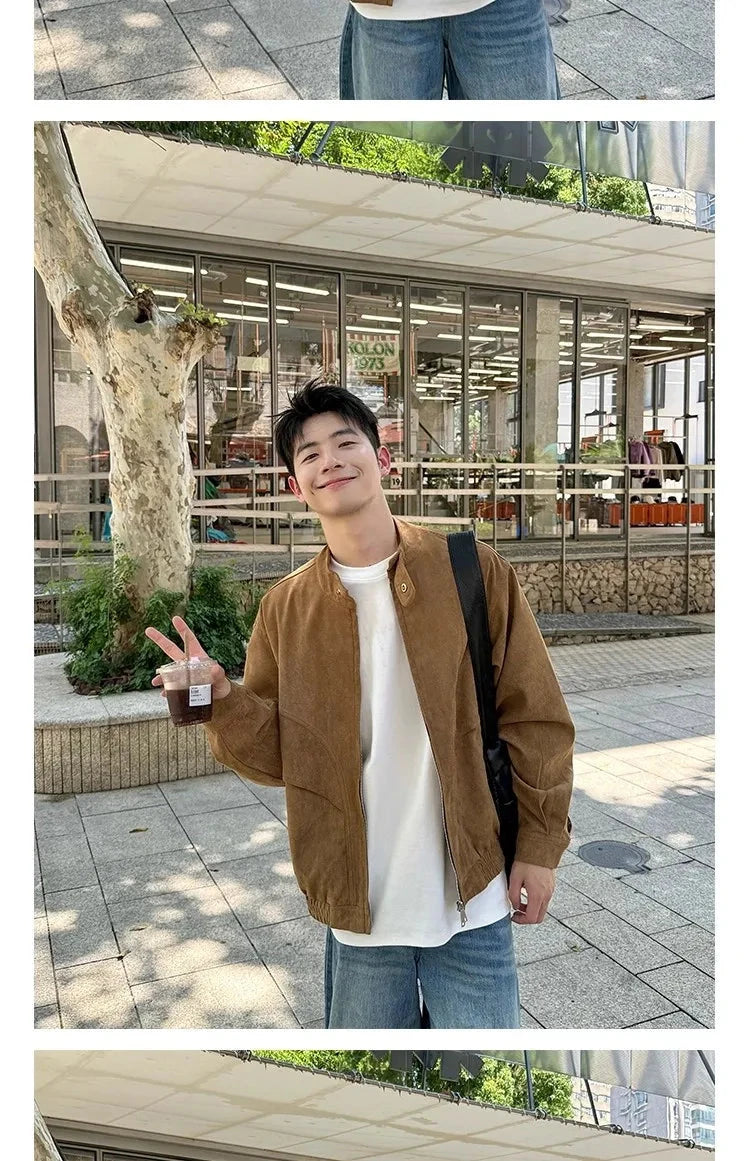 Khaki Cargos Stand Collar Jackets Men's Japanese Retro Streetwear Fashion Solid Color Zipper Long Sleeve Coats Autumn Clothing voguable