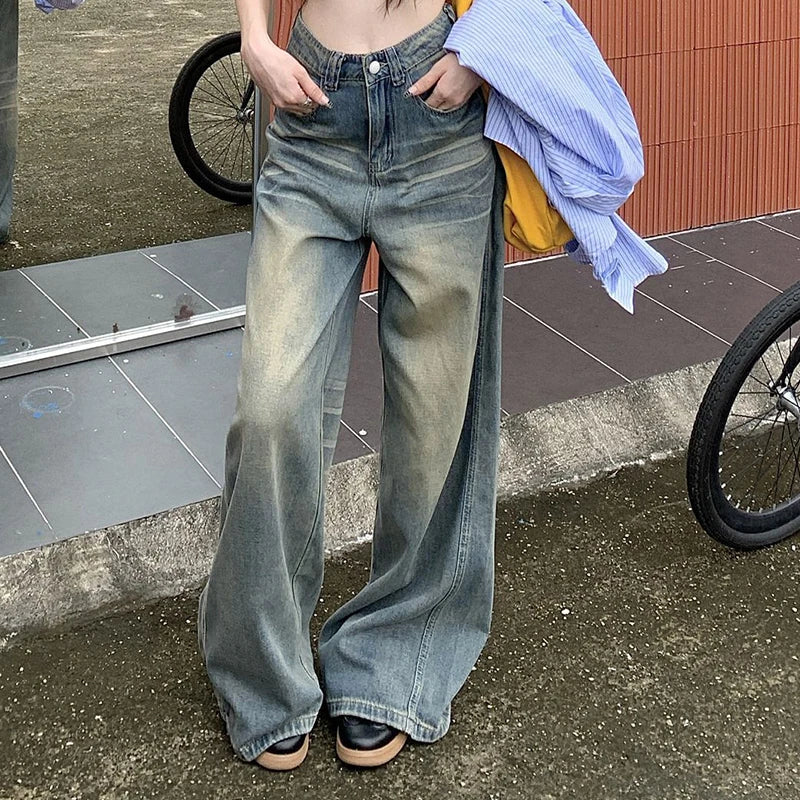 Voguable  Vintage Washed Distressed Wide Leg Jeans Woman Lazy Style High Waist Denim Long Pants Woman Korean Casual Loose Straight Jeans voguable