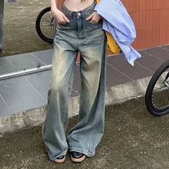 Voguable  Vintage Washed Distressed Wide Leg Jeans Woman Lazy Style High Waist Denim Long Pants Woman Korean Casual Loose Straight Jeans voguable