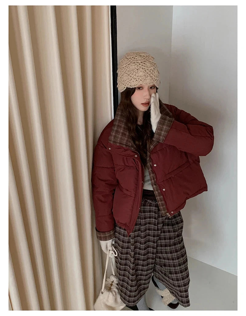 Winter Retro Puffy Parkas Women Warm Thick Plaid Patchwork Cute Coat Casual Preppy Style Korean Long Sleeve Cotton Jackets voguable