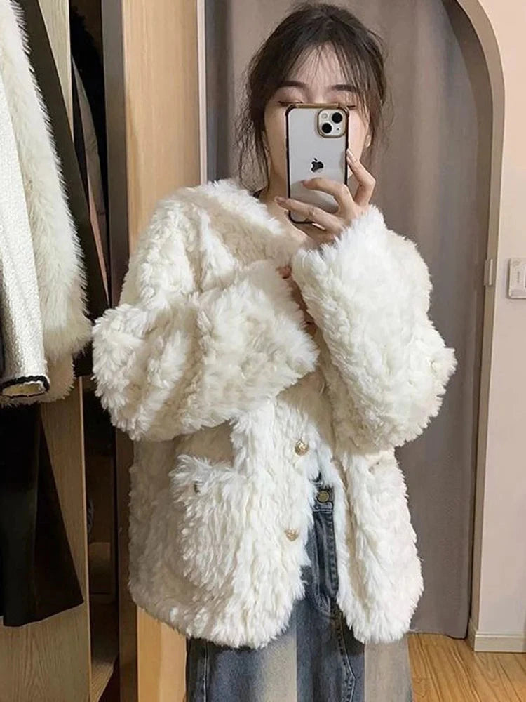 Winter Sweet Korean Faux Lamb Coat Women Vintage Warm Thick Long Sleeve Cute Jacket Casual O Neck Pockets Elegant White Tops New voguable