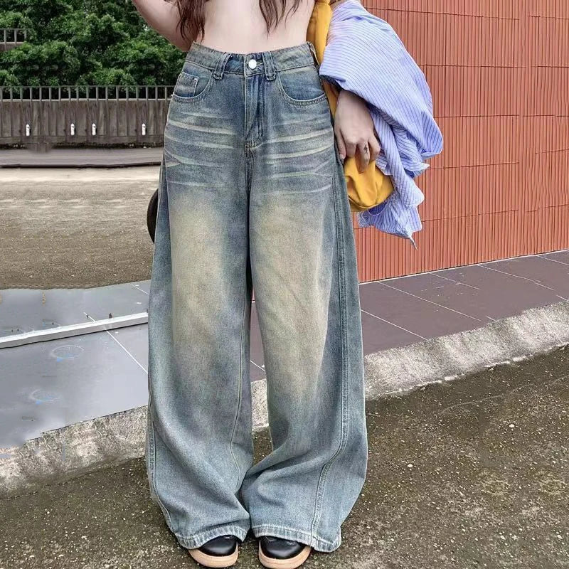 Voguable  Vintage Washed Distressed Wide Leg Jeans Woman Lazy Style High Waist Denim Long Pants Woman Korean Casual Loose Straight Jeans voguable
