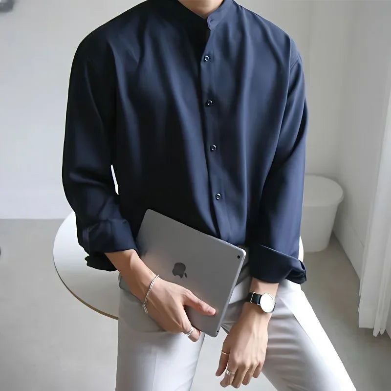 Men Spring Autumn Fashion Stand Collar Solid Shirts Men Long Sleeve Business Casual Shirts Male New Loose Blouses voguable