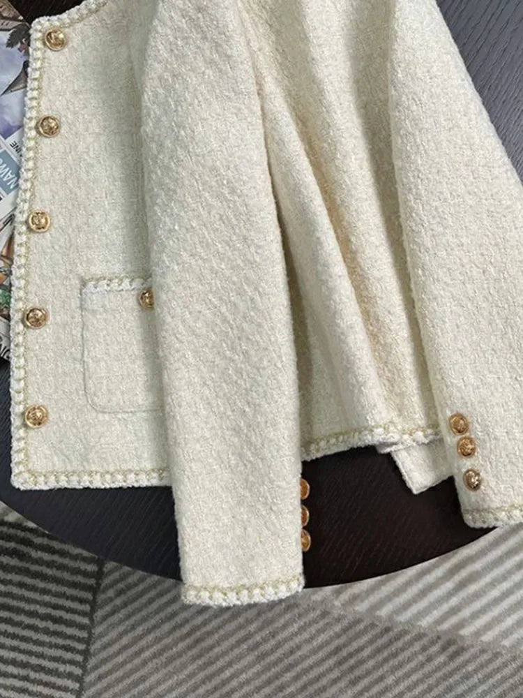 Chic White Tweed Jackets Women Korean Long Sleeve Sweet Coat Fashion O Neck Elegant Casual Female All Match Outwear Tops voguable
