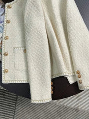 Chic White Tweed Jackets Women Korean Long Sleeve Sweet Coat Fashion O Neck Elegant Casual Female All Match Outwear Tops voguable