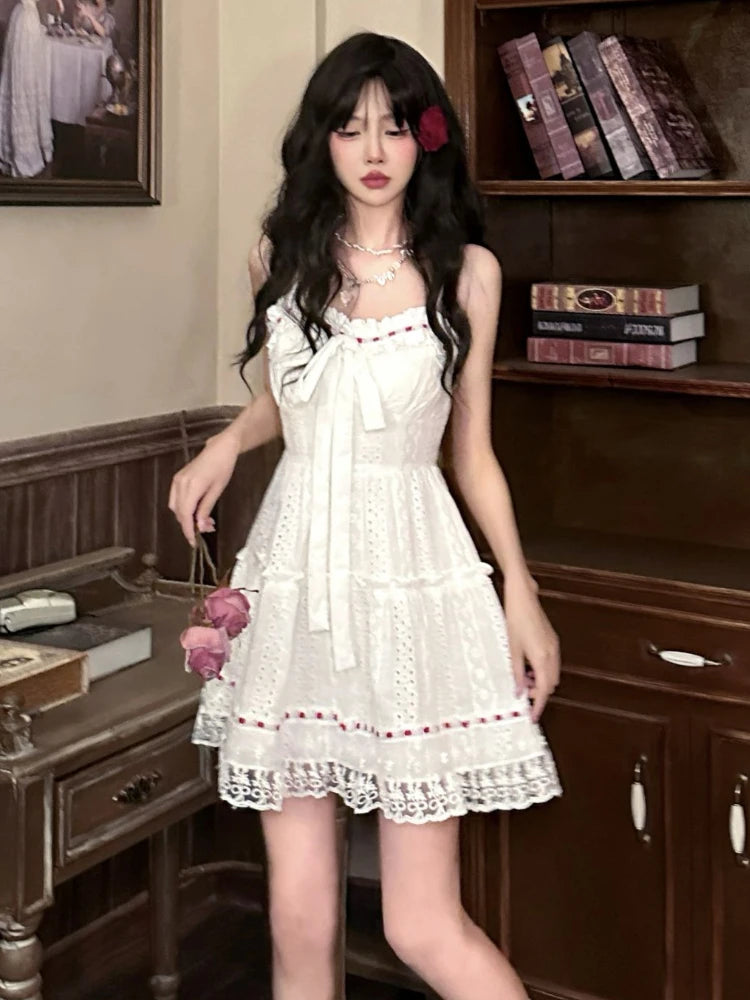 Sweet Lace Patchwork Camis Dress Women Sexy Spaghetti Straps Bow Dress Female Casual Cute Princess Wedding Party Dress New voguable