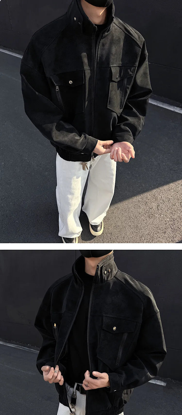 Mens Short Stand Collar Motorcycle Jacket Patchwork Cargo Biker Coat Spring Outdoor Riding Fashion Streetwear Urban Trendy voguable