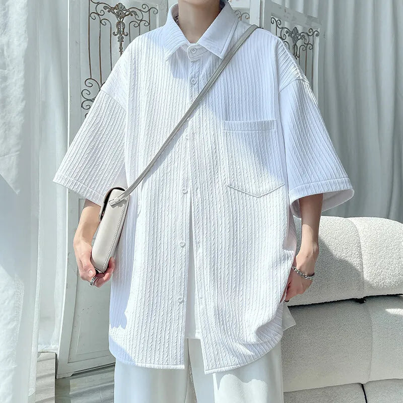 Summer Short Sleeved Shirt Men White Casual Shirt Men Streetwear Loose Pleated Shirt Mens Ice Silk Shirts Large Size 5XL voguable