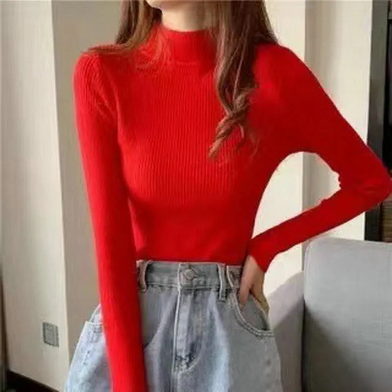 Elegant Solid Basic Knitted Tops Women Turtlneck Sweater Long Sleeve Casual Slim Pullover Korean Fashion Simple Chic Clothes voguable