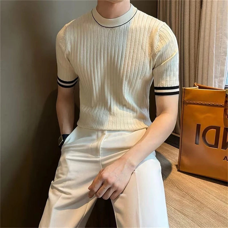 Men's Clothing Fashion Patchwork Tops Luxury High Quality Knit O Neck Short-sleeved T-shirt Leisure Popular Retro Slim Knitwear voguable