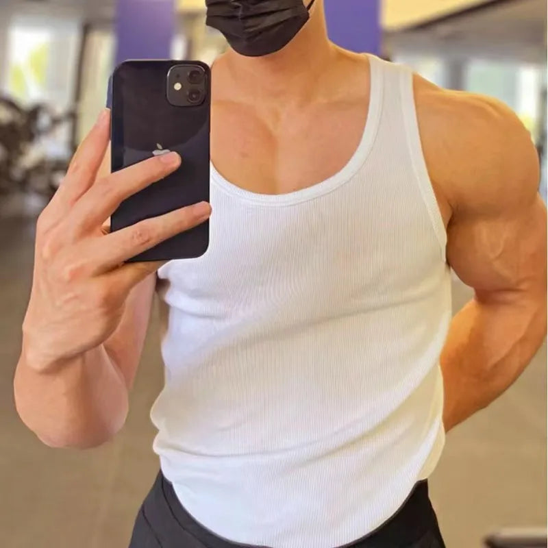 Men's Fitness Vest Cotton Breathable Vertical Striped Sleeveless Tops Solid Color Sports Casual Tank Gym Muscular Men Clothes voguable
