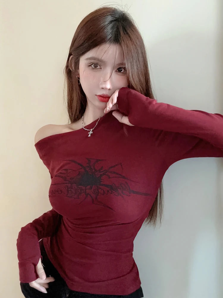 Vintage Burgundy Y2k Long Sleeve Tops Women Sexy Off Shoulder Basic T Shirt Female Fall Winter Cropped Baby Tees Lady Korean New voguable