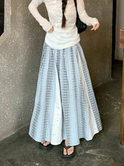 Sweet Lace Patchwork Long Skirts Women Korean Loose High Waist Skirt Casual Design Striped Plaid Elegant Female Skirts New voguable