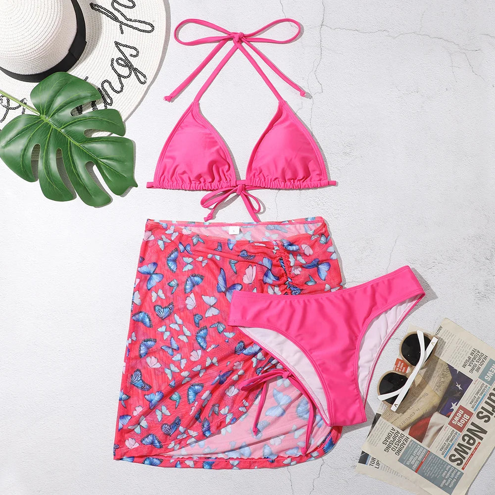 Voguable  3 Pieces Bikini Set With Skirt  Tie Dye String Thong Bathing Suit Women Swimsuit Female  Swimwear Beach Wear Swim Lady Summer voguable