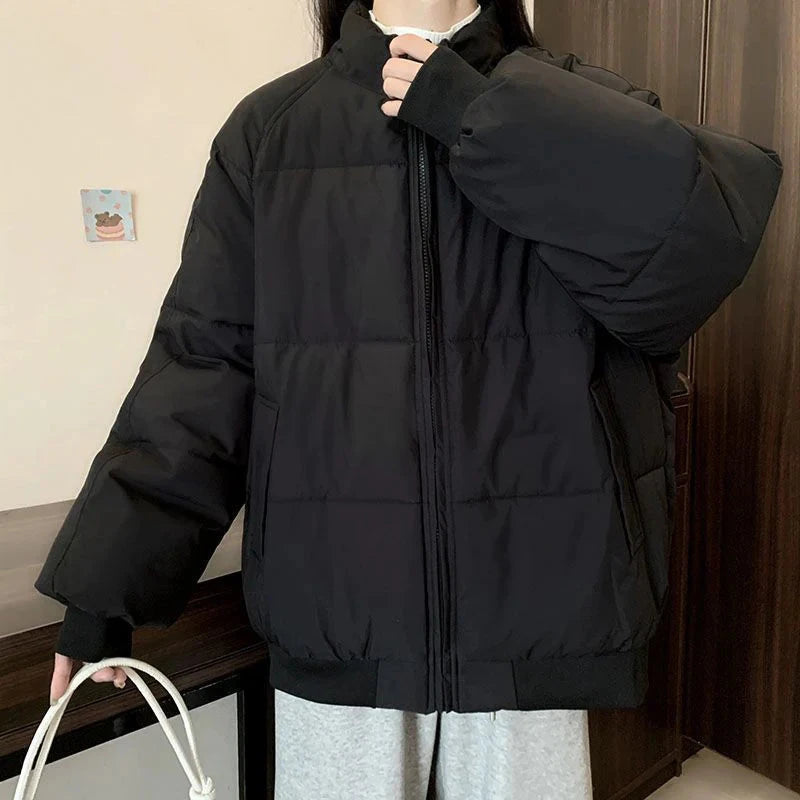 Preppy Style Sweet Pink Parkas Women Vintage Long Sleeve Winter Thick Warm Cotton Jacket Casual Stand Collar Loose Outwear voguable