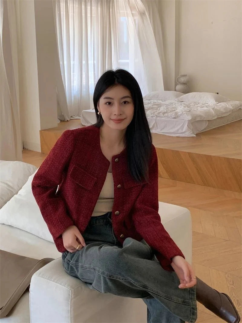 Zoki Women Slim Vintage Jacket Fall Winter Long Sleeve Sweet Elegant Coat French Casual Female O Neck Single Breasted Retro Tops voguable