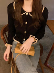 Ruffles Sweet Cardigan Sweaters Women Fashion Slim Long Sleeve Knitted Short Coat Elegant Patchwork Korean Lady Black Tops voguable