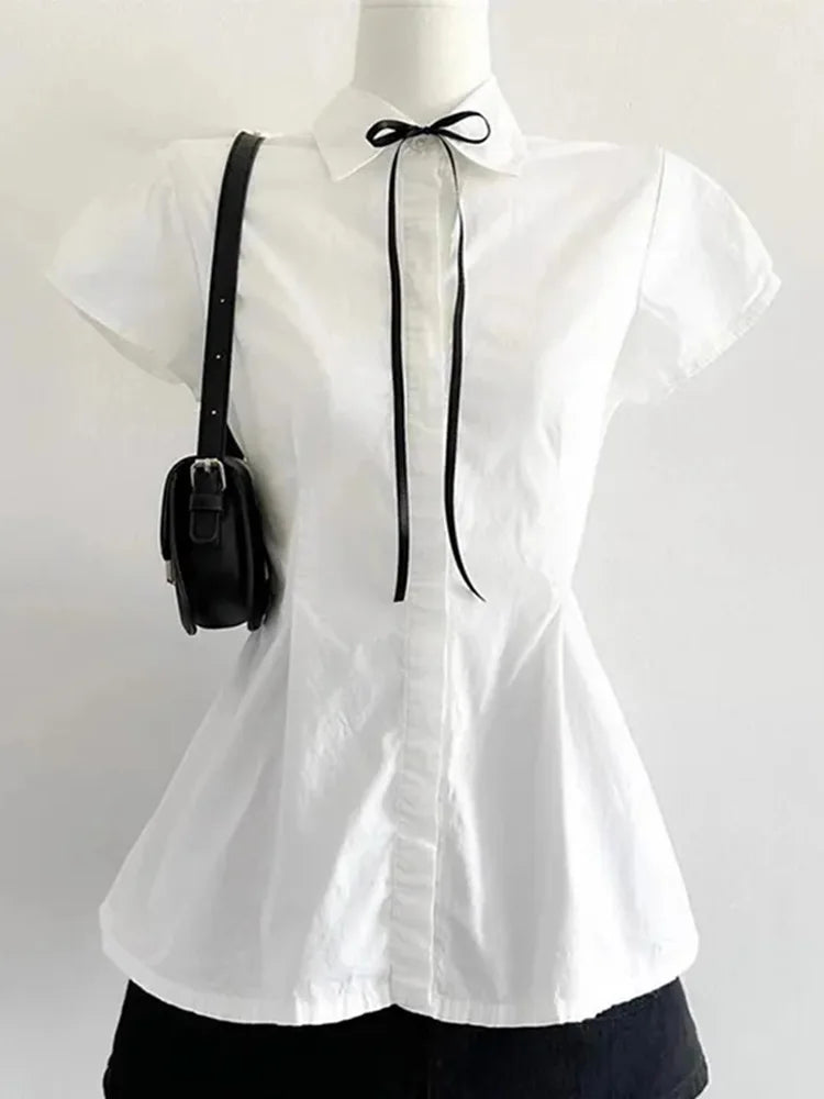 Back Bow White Shirt Women Slim Lace Up Elegant Blouse Vintage Casual Preppy Style Simple Short Sleeve All Match Tops New voguable