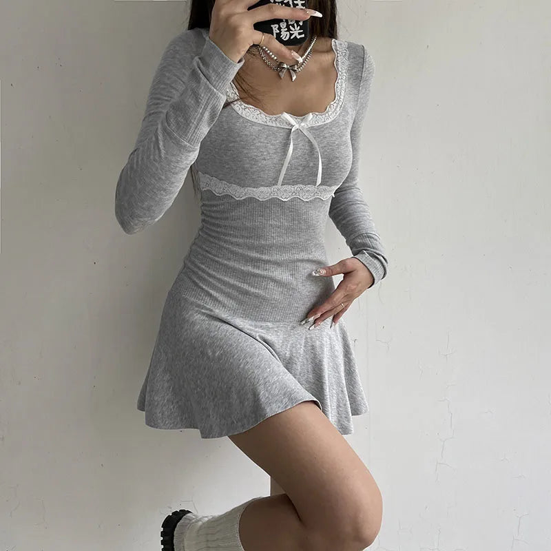 Voguable Lace Patchwork Knitted Mini Dresses Women Autumn Y2K Sweet Bow Bodycon Long Sleeve Pleated Dress Casual Korean Style voguable