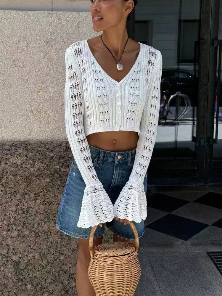 Knitwear Hollow Out Sweater Cardigan Women V-Neck Long Sleeve See-Through Cropped Top Summer Knit Patchwork Cardigan Top voguable