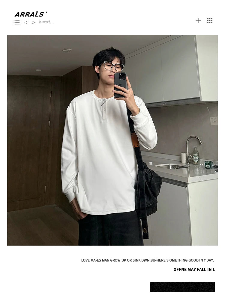 Warm Henry Collar Long Sleeve T shirt For Men Spring Autumn Casual Mens T-shirts Unisex Tee Tops Classic Clothes Men's T-Shirts voguable