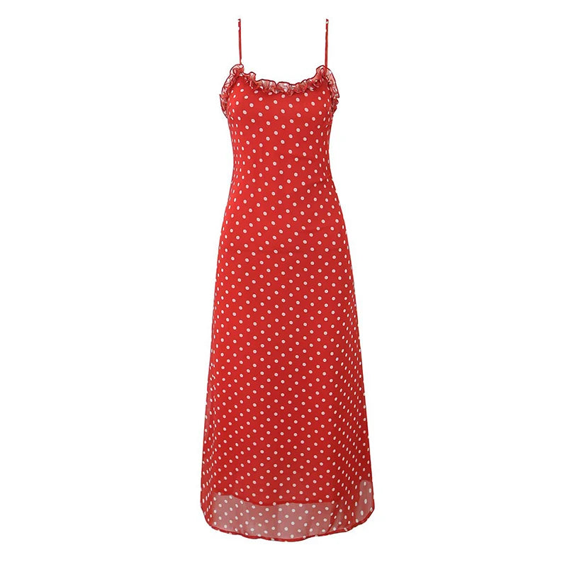 New Women Polka Dot Red Sexy Long Dreses Ruffle O Neck A-line Midi Summer Party Dressess Holiday Robe voguable