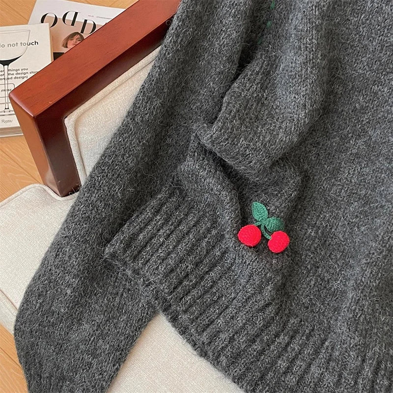 Cute 3D Cherry Sweaters Women Lazy Wind Long Sleeve Knitted Jumpers Japan Loose O Neck Female Kawaii Sweet Pullovers Tops voguable