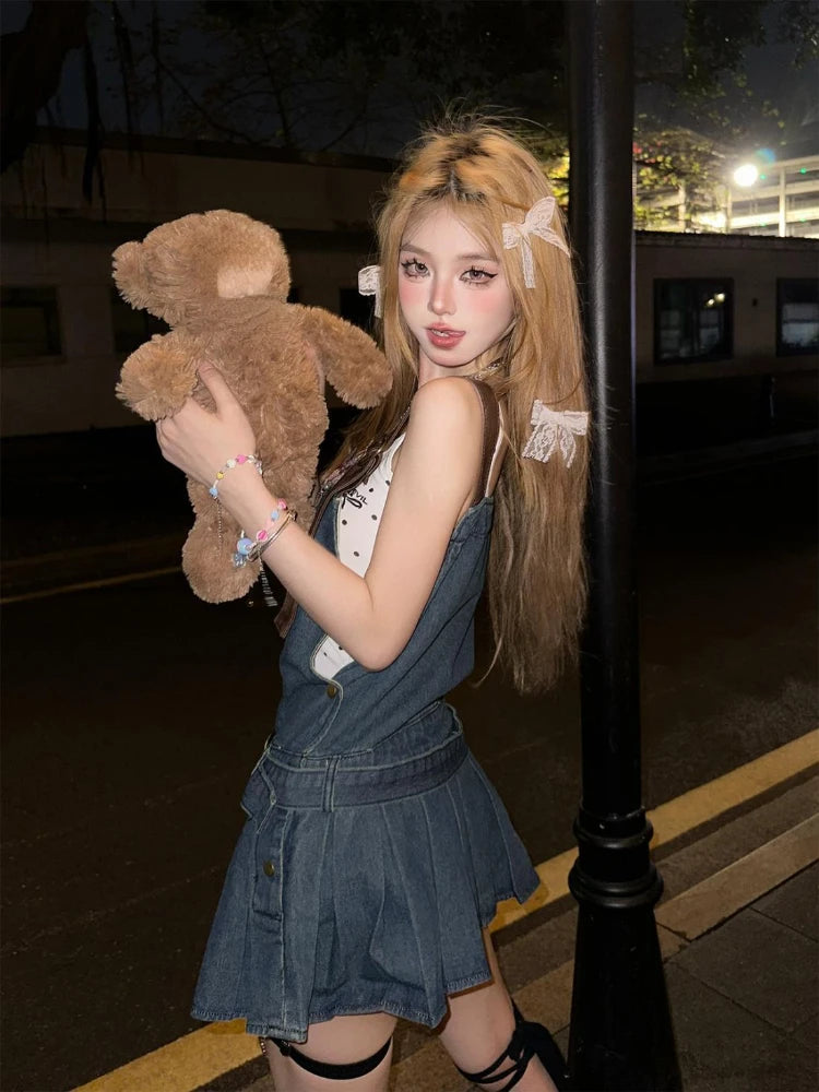 Voguable  2000s Vintage Denim Y2k Mini Dress Women  Elegant Jean Strap Dress Casual Streetwear Sleeveless Dress Korean Fashion Chic voguable