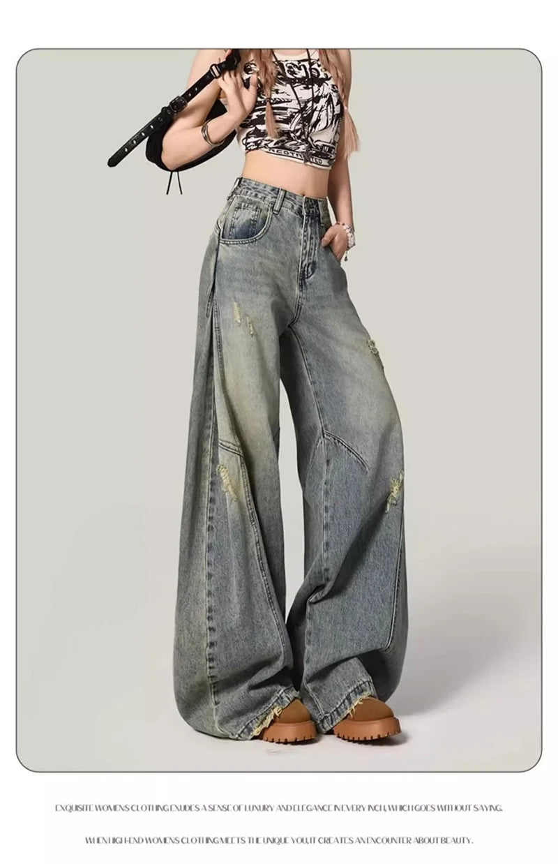 Women Y2K Hole Jeans Streetwear American Retro High Waist Loose Denim Pants Casual Hip Hop Vintage Pockets Lady Gothic Trousers voguable